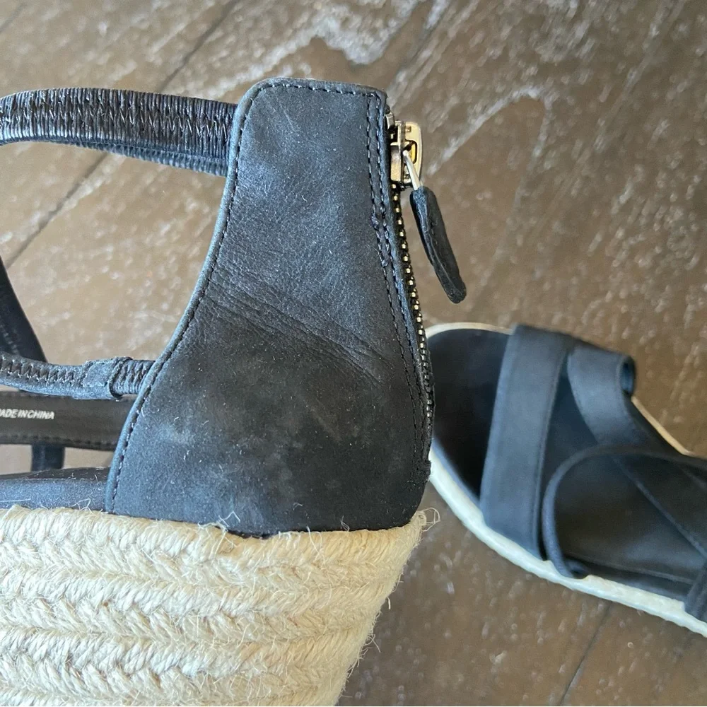 Eileen‎ Fisher Black Leather Strappy Espadrilles Sandals Wedges Size 6.5